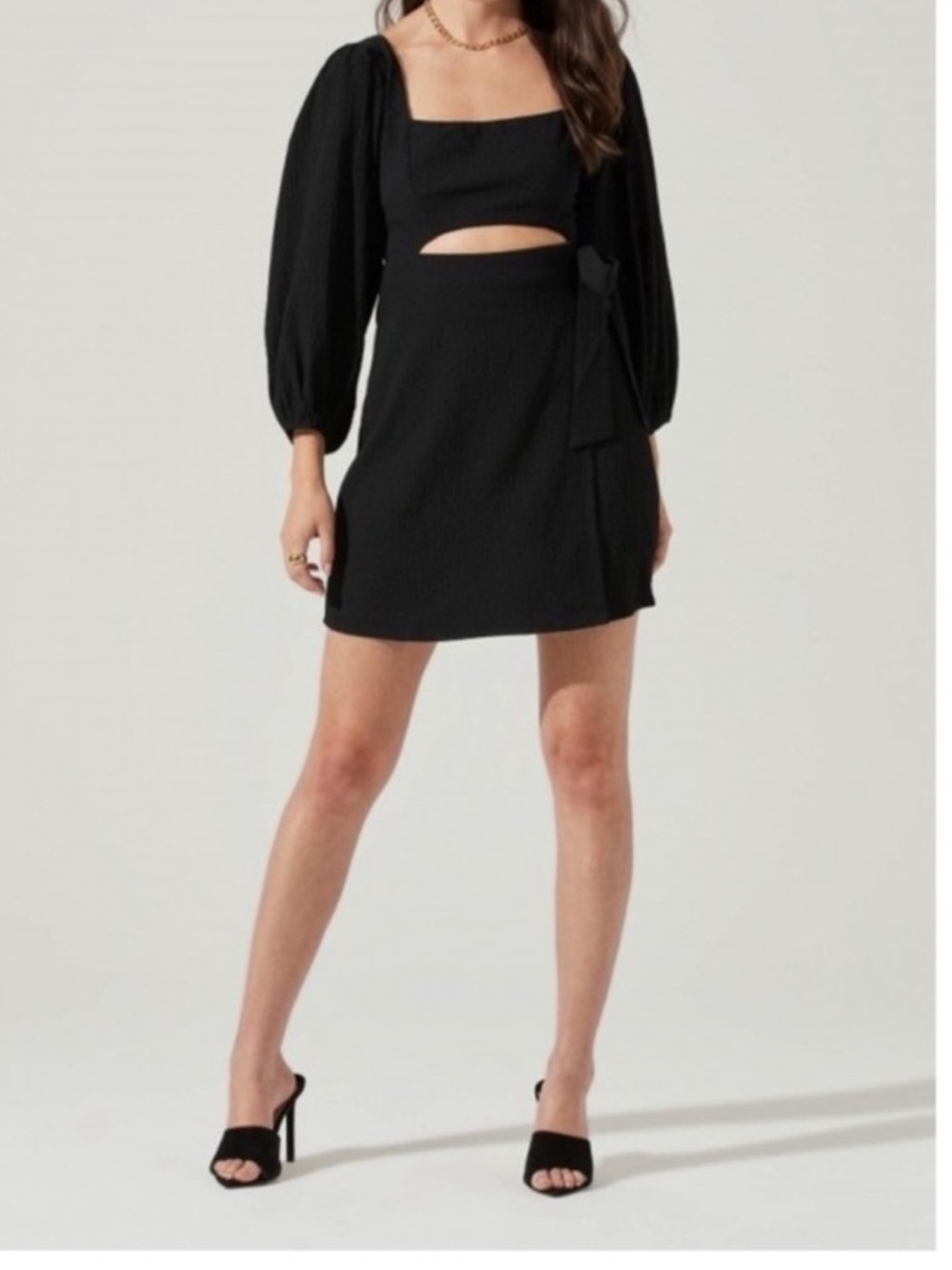 Astr Black Puff-Sleeve Mini Dress with Midriff Cutout